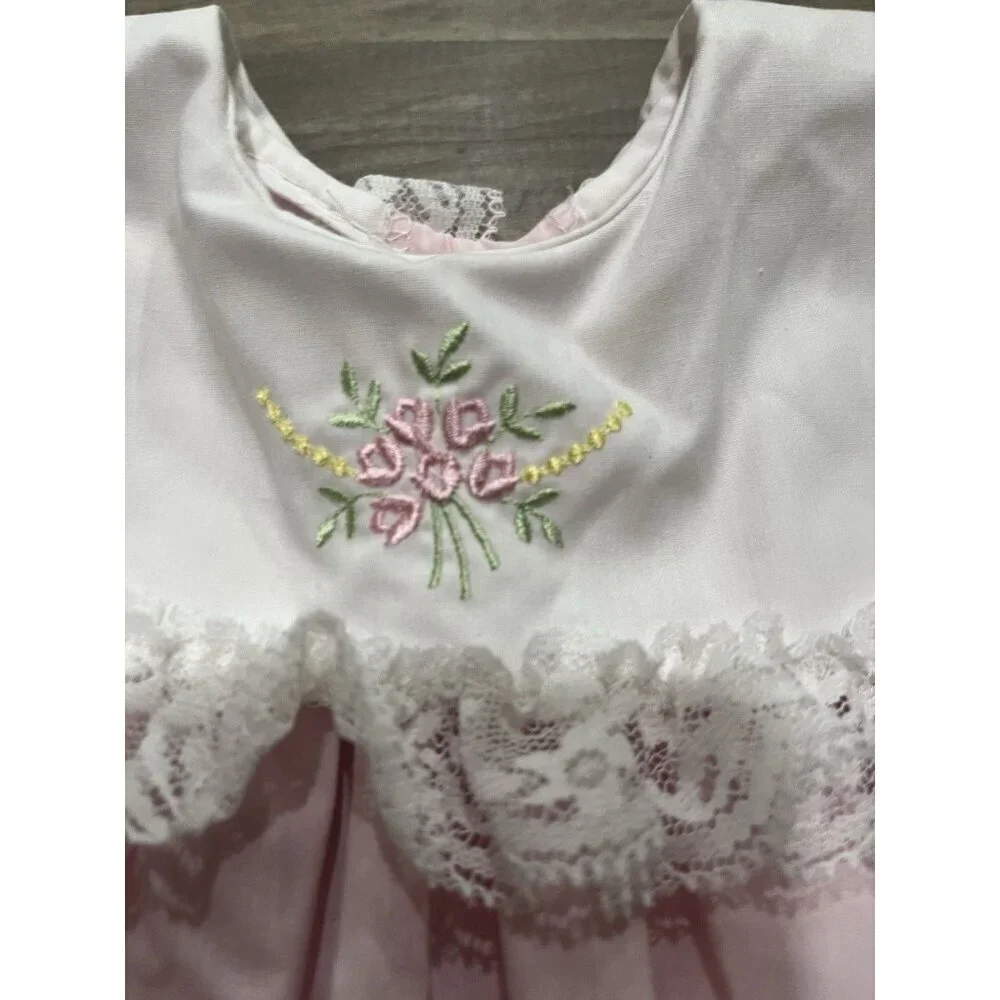 Vintage Girl's Dress 6 Months Party Floral Pink White Bib Lace Trim Flower 90s